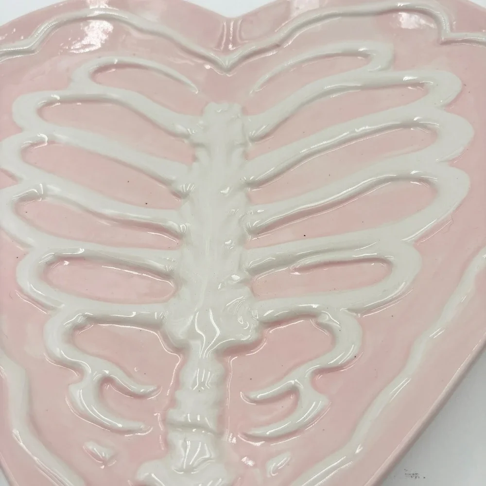 Pink Heart Rib Cage Ceramic Tray Skeleton Bone Anatomical Decor Halloween